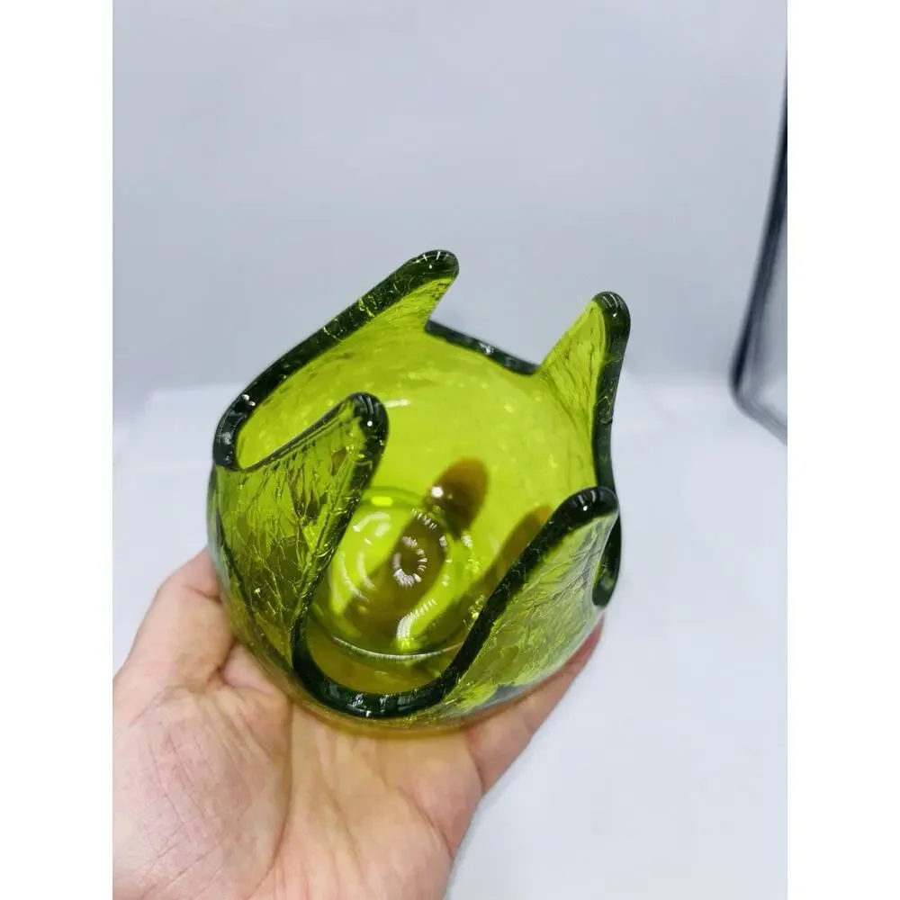 MCM Viking Epic Avocado Green Crackle Glass Patio Votive Dish 4 Prong Design